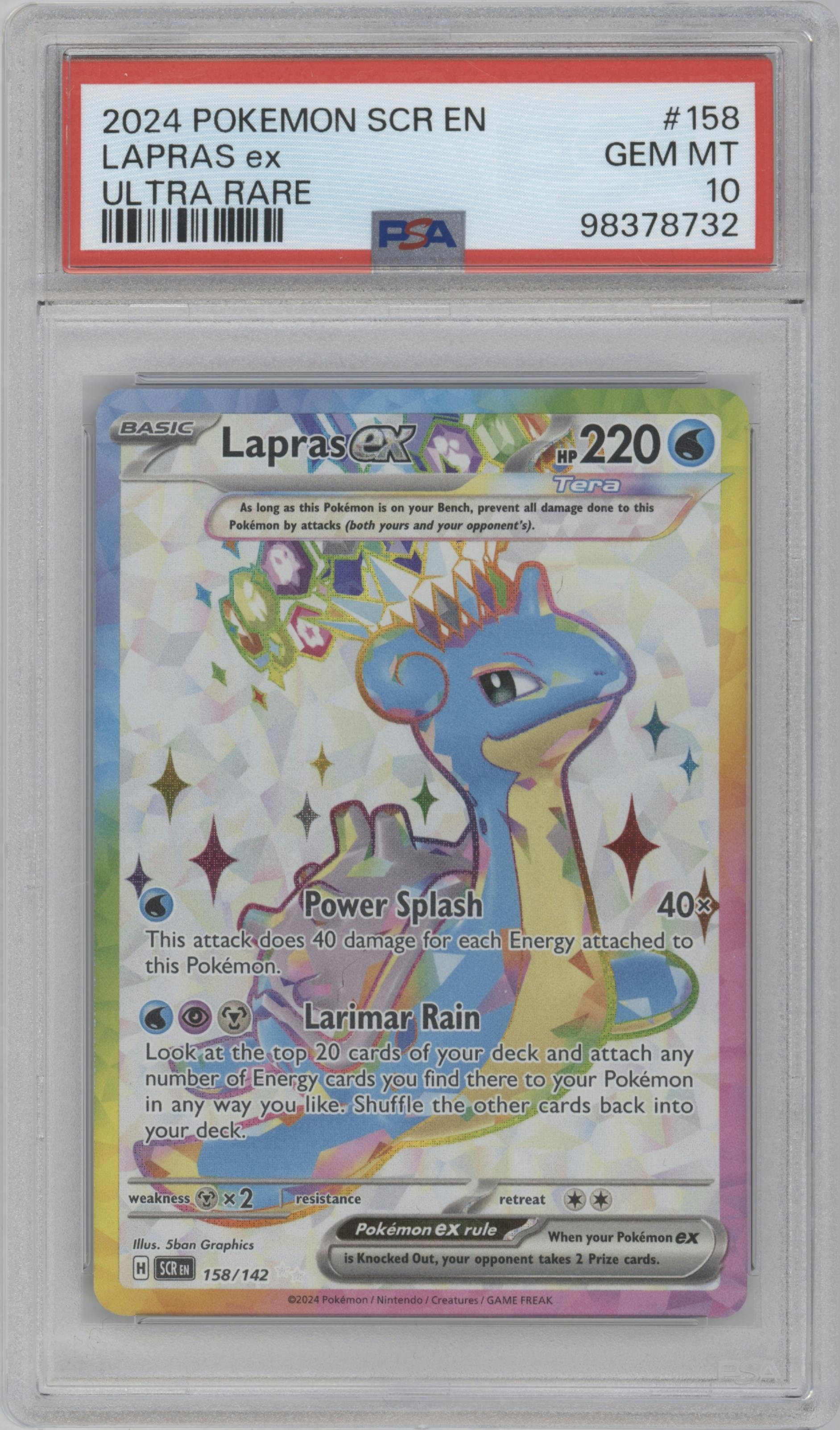 Lapras ex from the 2024 Pokemon SV set graded by PSA and given an overall grade of 10.