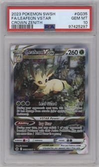 Leafeon VSTAR from the 2023 Pokemon SWSH set graded by PSA and given an overall grade of 10.