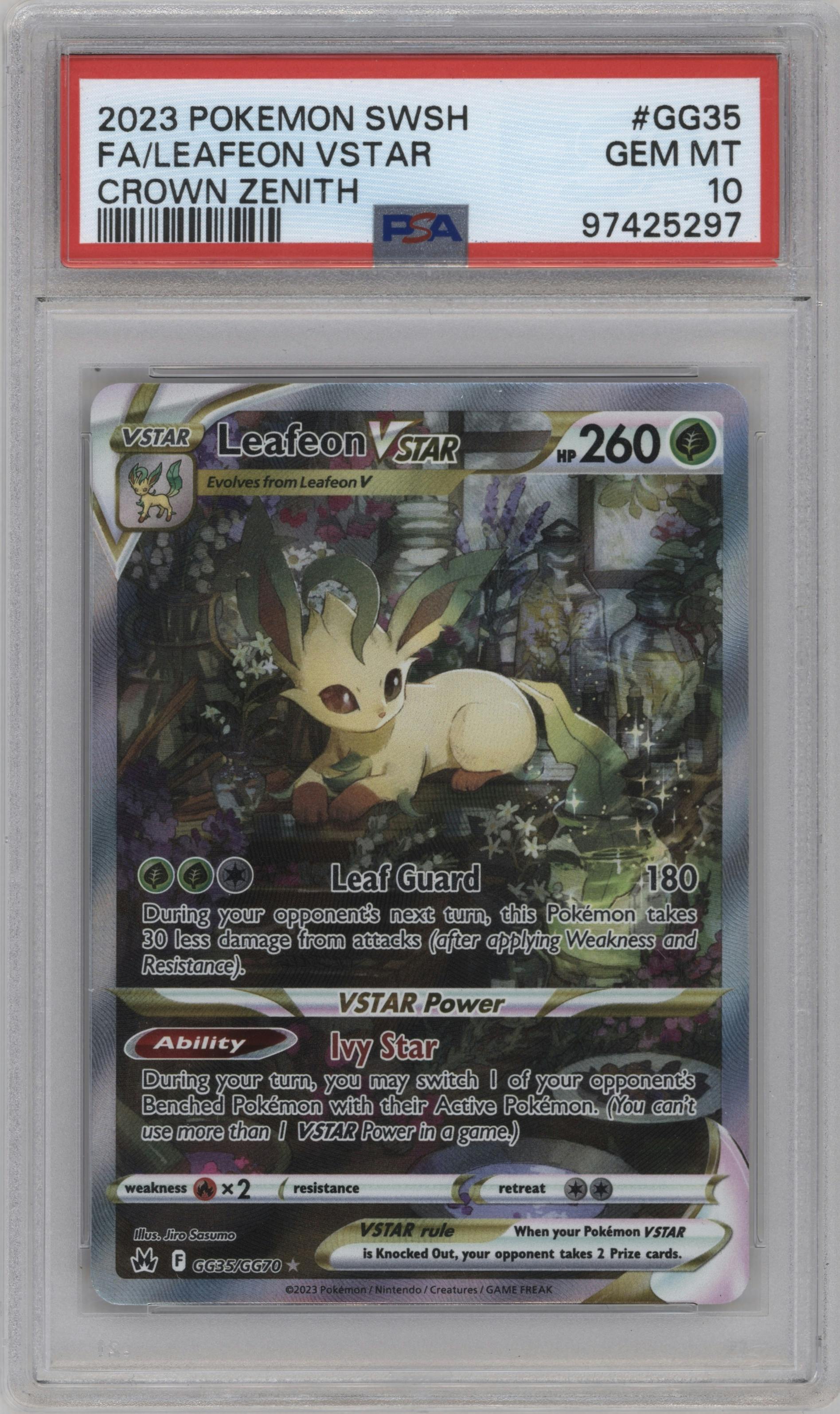 Leafeon VSTAR from the 2023 Pokemon SWSH set graded by PSA and given an overall grade of 10.