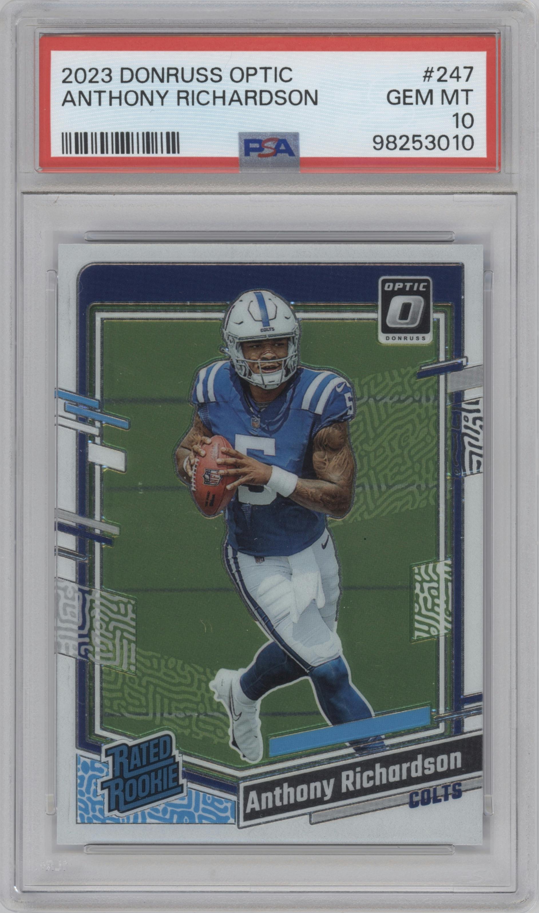 Anthony Richardson from the 2023 Donruss Optic set graded by PSA and given an overall grade of 10.