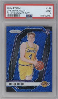 Dalton Knecht  from the 2024-25 Panini Prizm set featuring a Blue Shimmer  parallel graded by PSA and given an overall grade of 9.