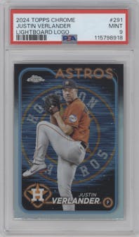 Justin Verlander from the 2024 Topps Chrome set featuring a Lightboard Logo Refractor parallel graded by PSA and given an overall grade of 9.