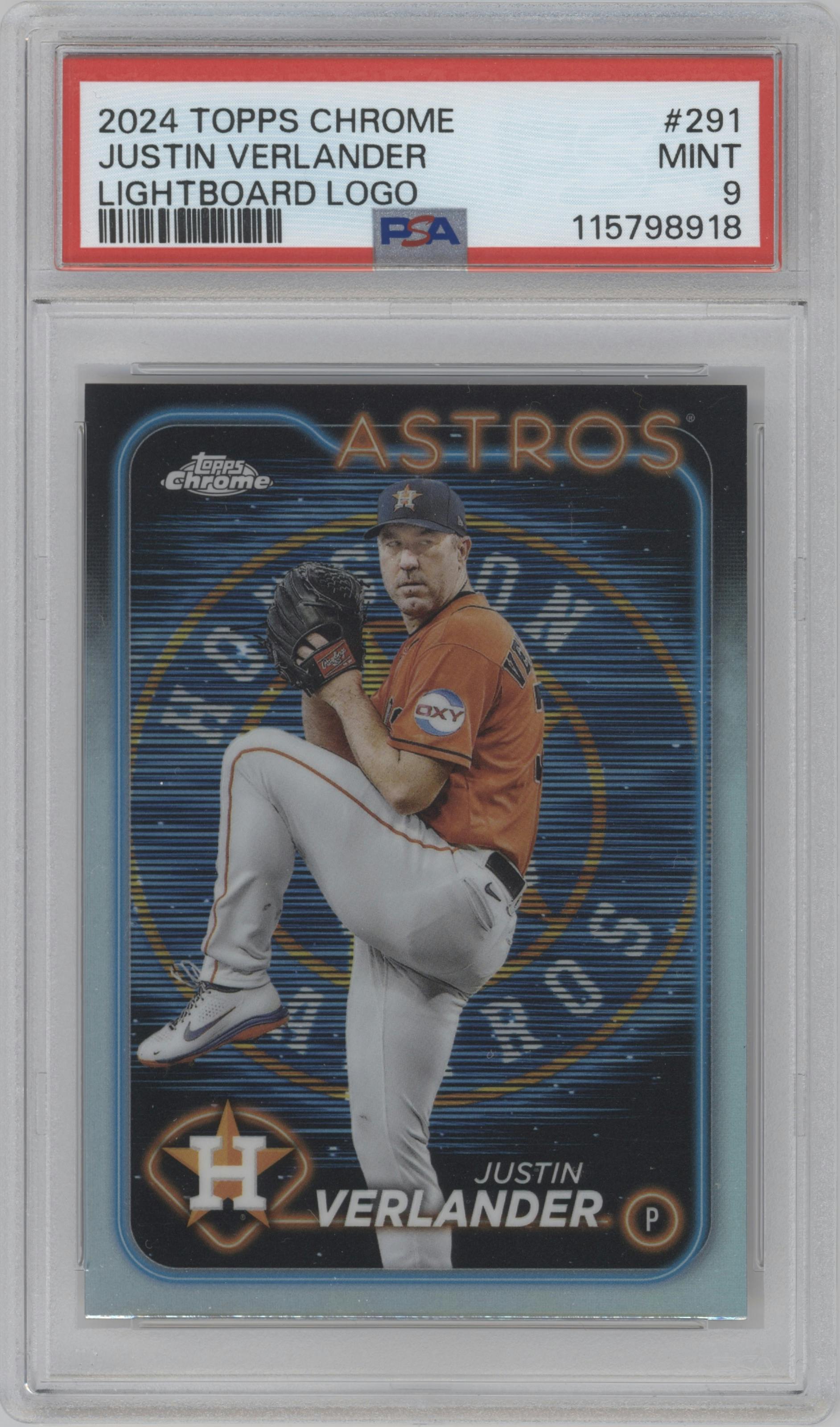 Justin Verlander from the 2024 Topps Chrome set featuring a Lightboard Logo Refractor parallel graded by PSA and given an overall grade of 9.