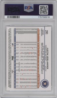 Justin Verlander from the 2024 Topps Chrome set featuring a Lightboard Logo Refractor parallel graded by PSA and given an overall grade of 9.