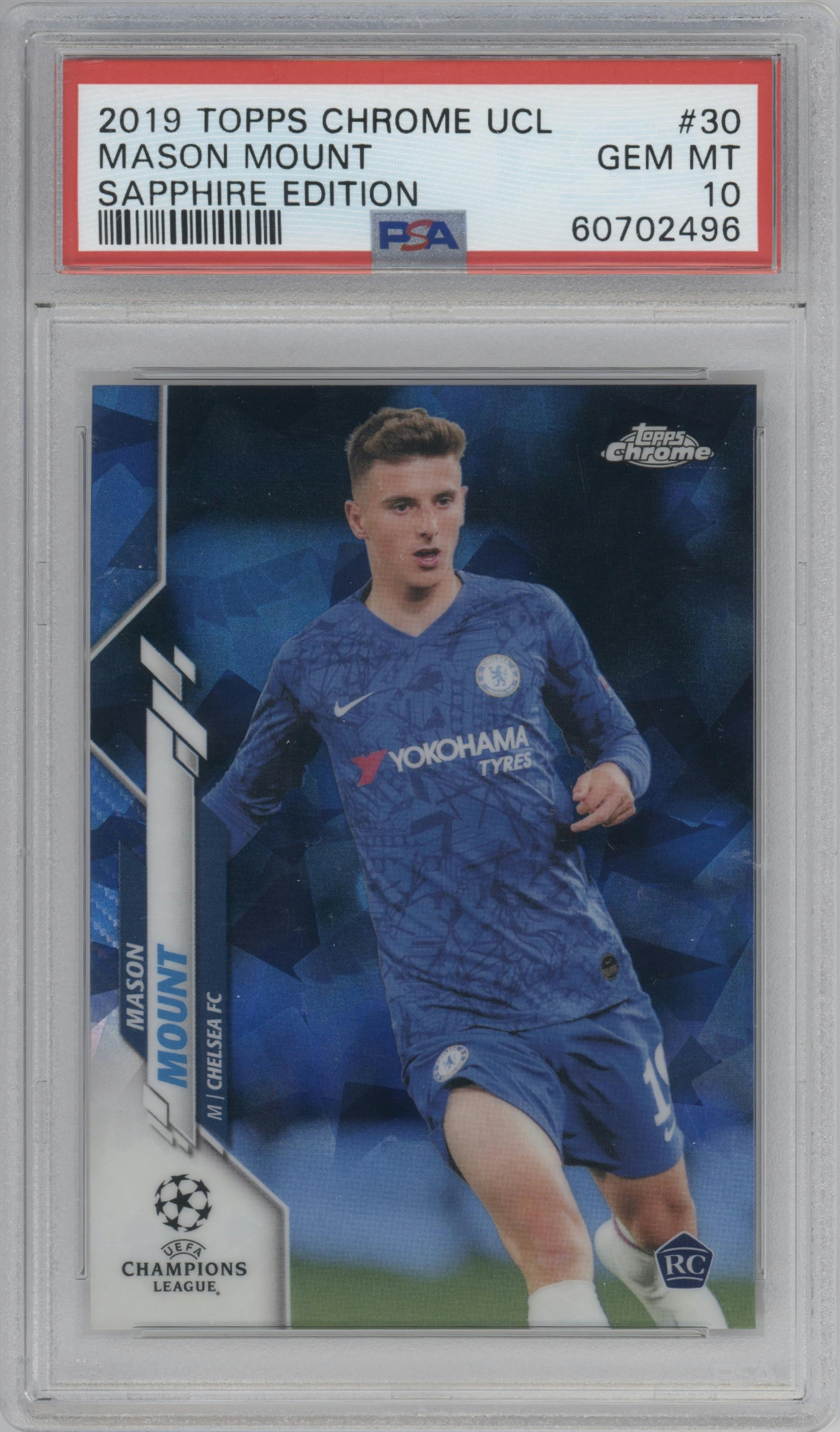 Mason Mount from the 2019-20 Topps Chrome Sapphire Edition UEFA Champions League set graded by PSA and given an overall grade of 10.