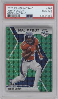 Jerry Jeudy from the 2020 Panini Mosaic set featuring a Green Mosaic parallel graded by PSA and given an overall grade of 10.