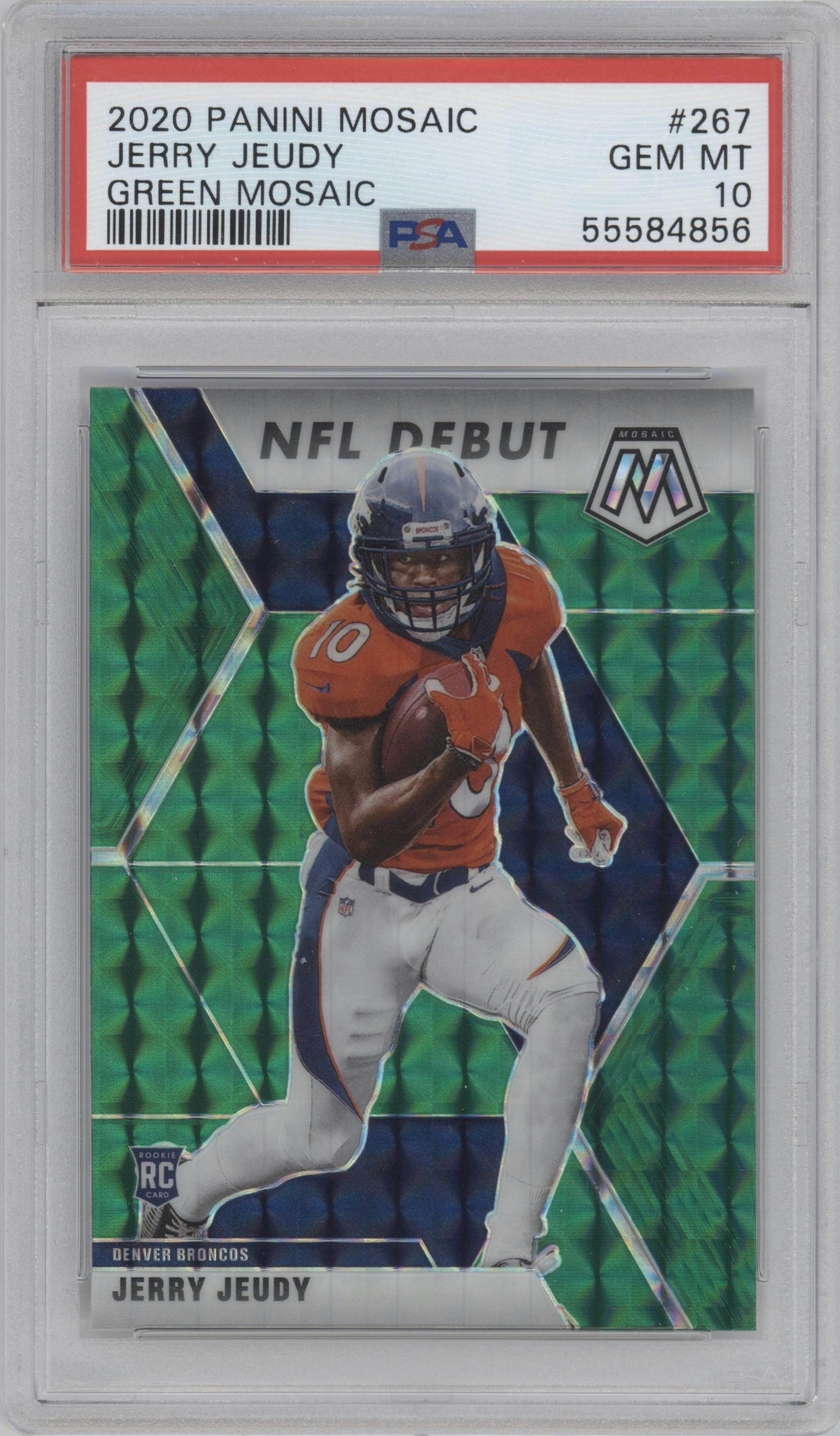 Jerry Jeudy from the 2020 Panini Mosaic set featuring a Green Mosaic parallel graded by PSA and given an overall grade of 10.