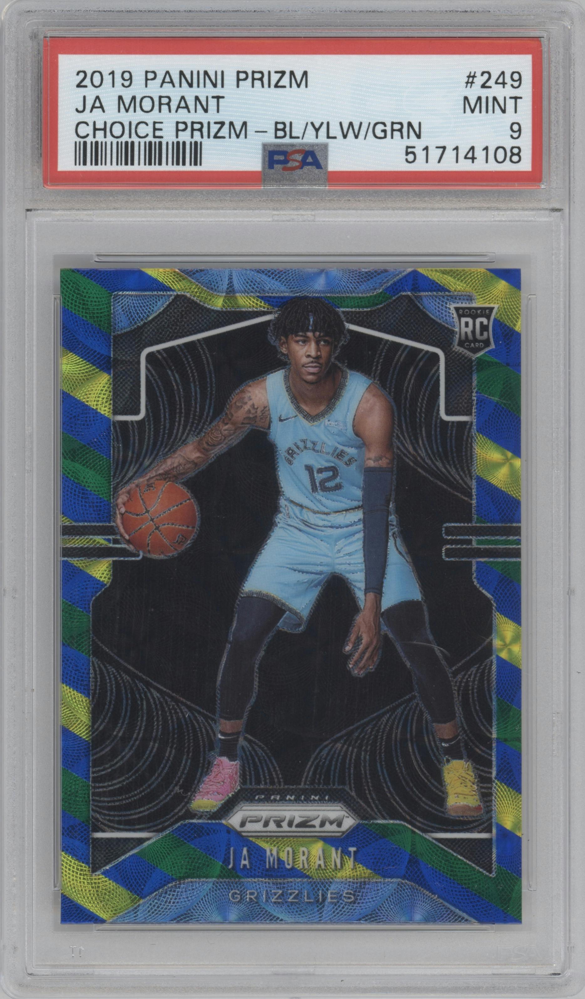 Ja Morant from the 2019-20 Panini Prizm set featuring a Choice Blue/Yellow/Green  parallel graded by PSA and given an overall grade of 9.