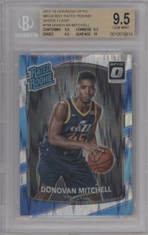 Donovan Mitchell from the 2017-18 Panini Donruss Optic set featuring a Shock parallel graded by Beckett and given an overall grade of 9.5.