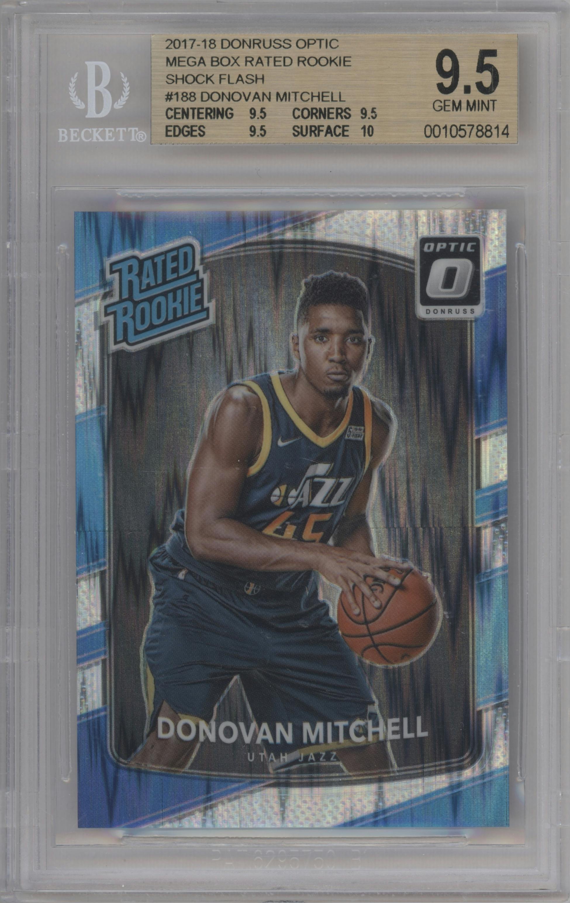 Donovan Mitchell from the 2017-18 Panini Donruss Optic set featuring a Shock parallel graded by Beckett and given an overall grade of 9.5.