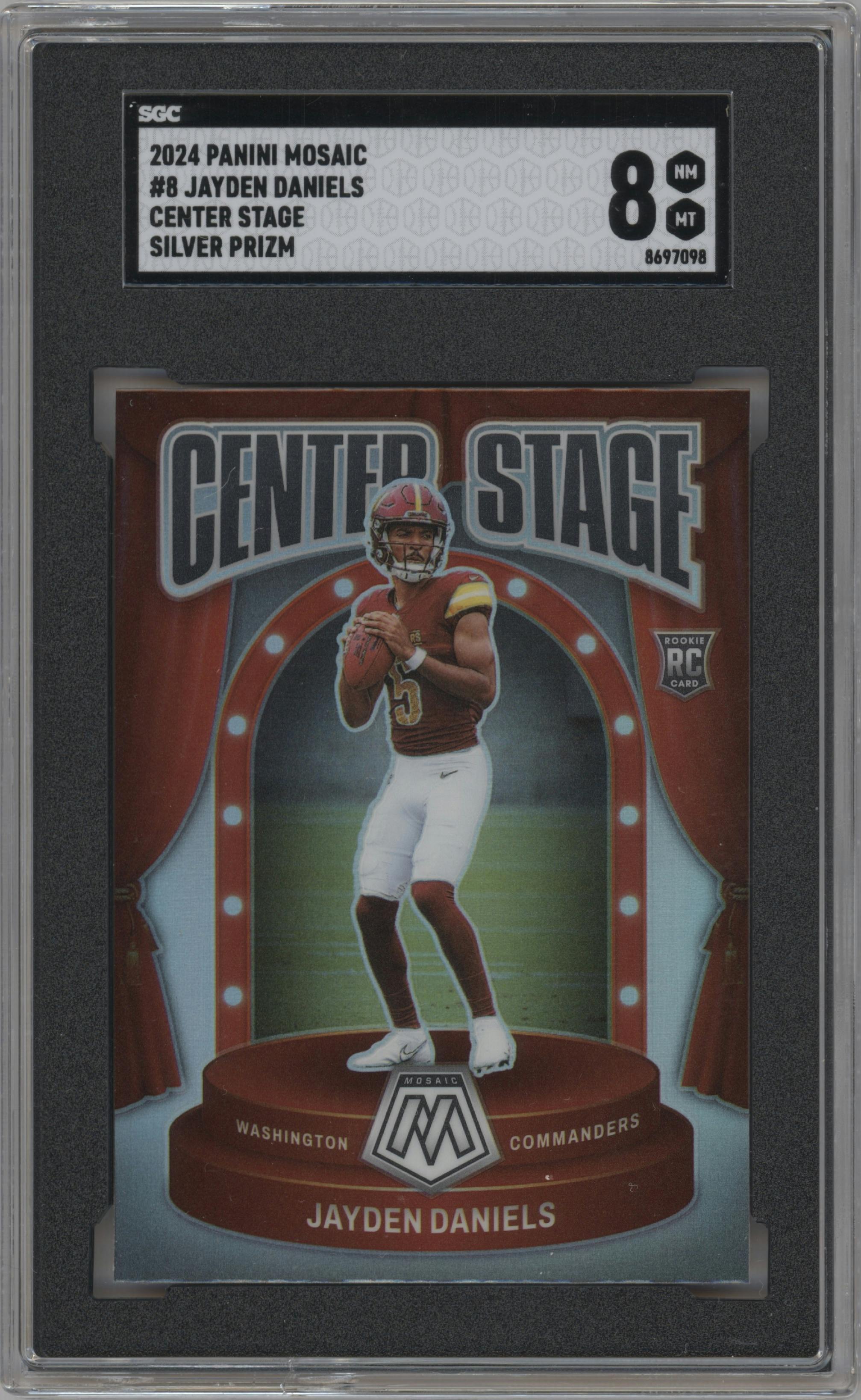 Jayden Daniels from the 2024 Panini Mosaic set featuring a Silver parallel graded by SGC and given an overall grade of 8.