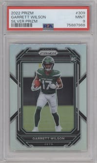 Garrett Wilson from the 2022 Panini Prizm set featuring a Silver Prizm parallel graded by PSA and given an overall grade of 9.