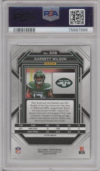 Garrett Wilson from the 2022 Panini Prizm set featuring a Silver Prizm parallel graded by PSA and given an overall grade of 9.
