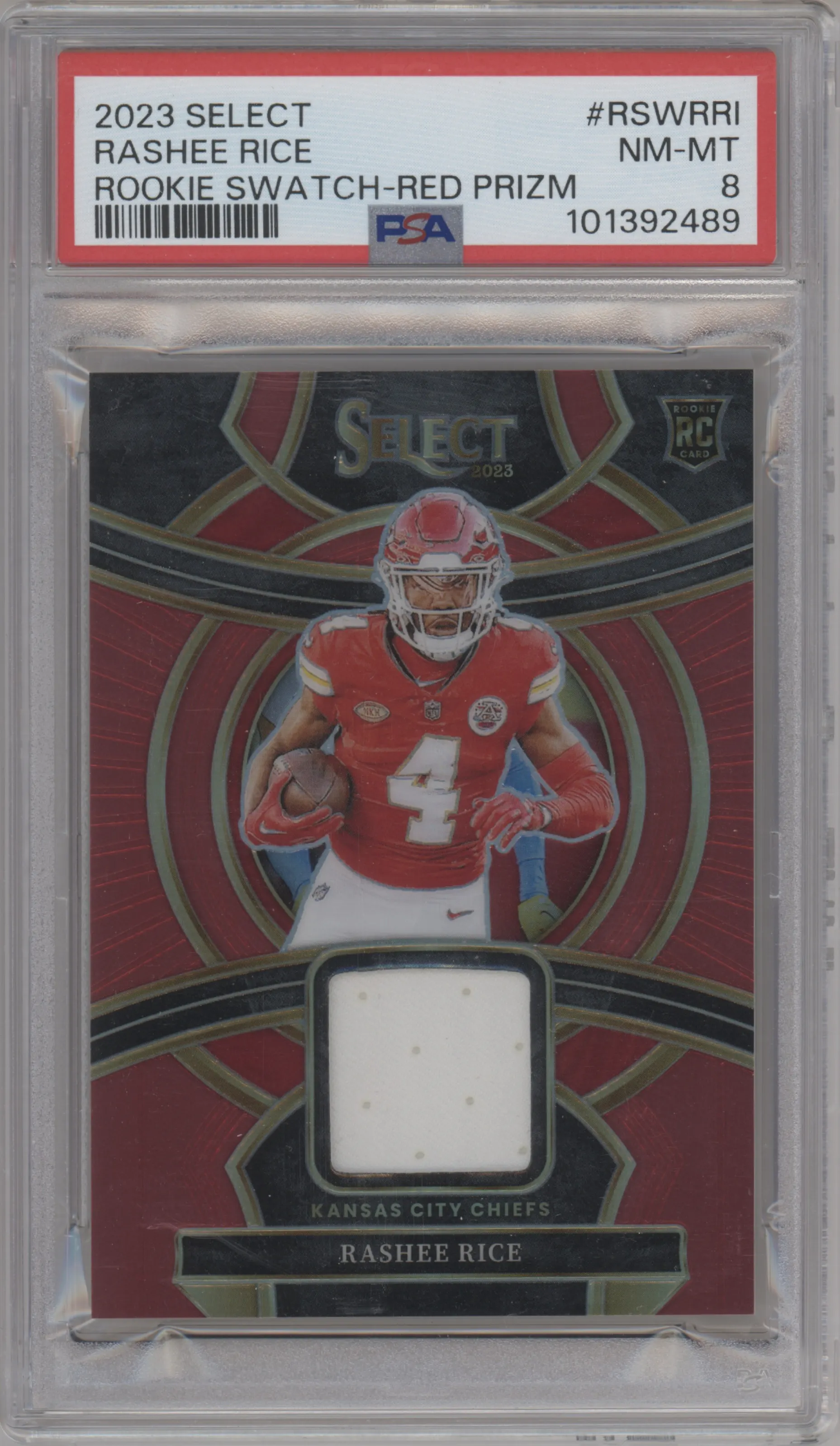 Rashee Rice from the 2023 Panini Select set featuring a Red Prizm parallel graded by PSA and given an overall grade of 8.