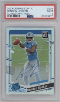 Hendon Hooker from the 2023 Donruss Optic set featuring a Holo parallel graded by PSA and given an overall grade of 9.