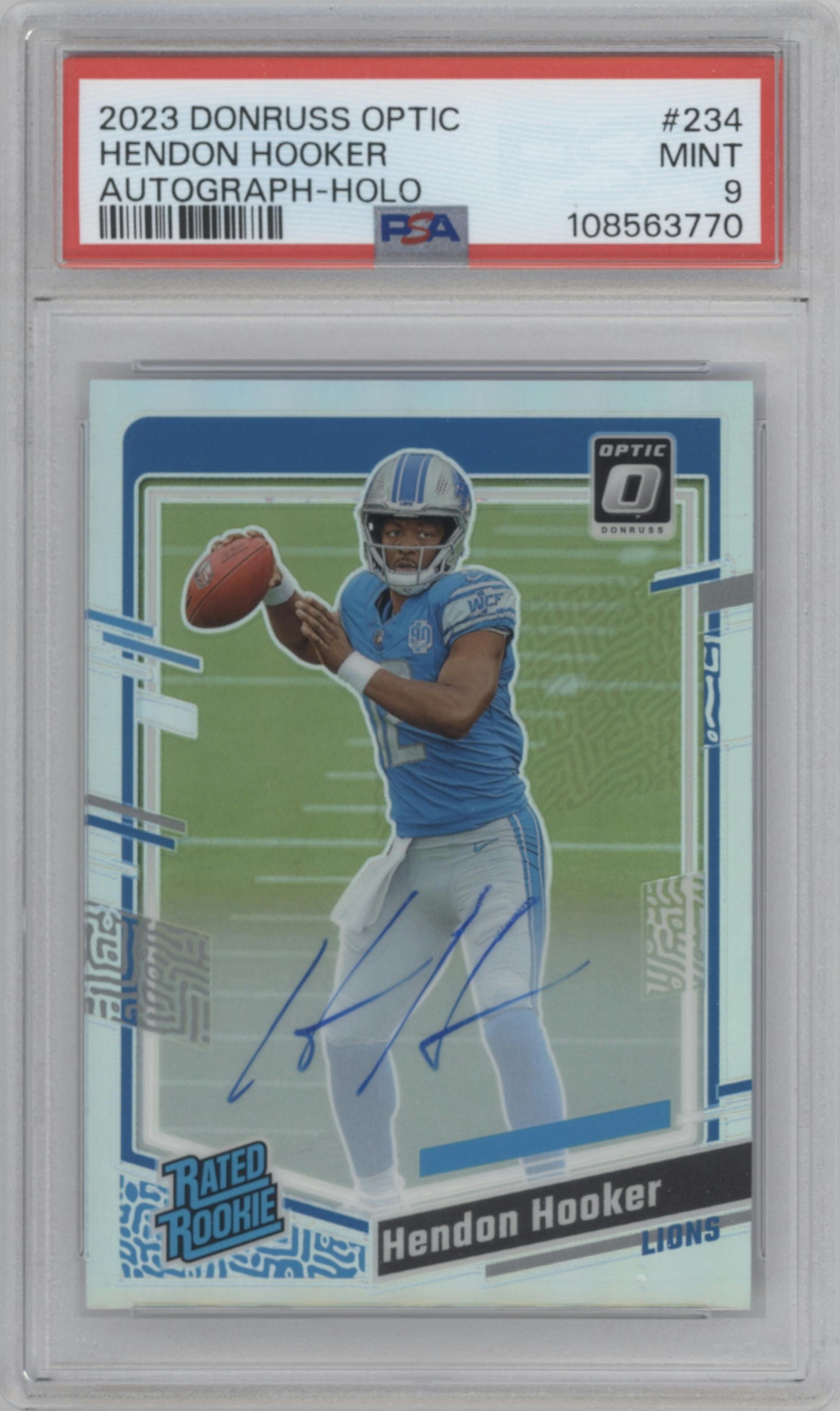 Hendon Hooker from the 2023 Donruss Optic set featuring a Holo parallel graded by PSA and given an overall grade of 9.