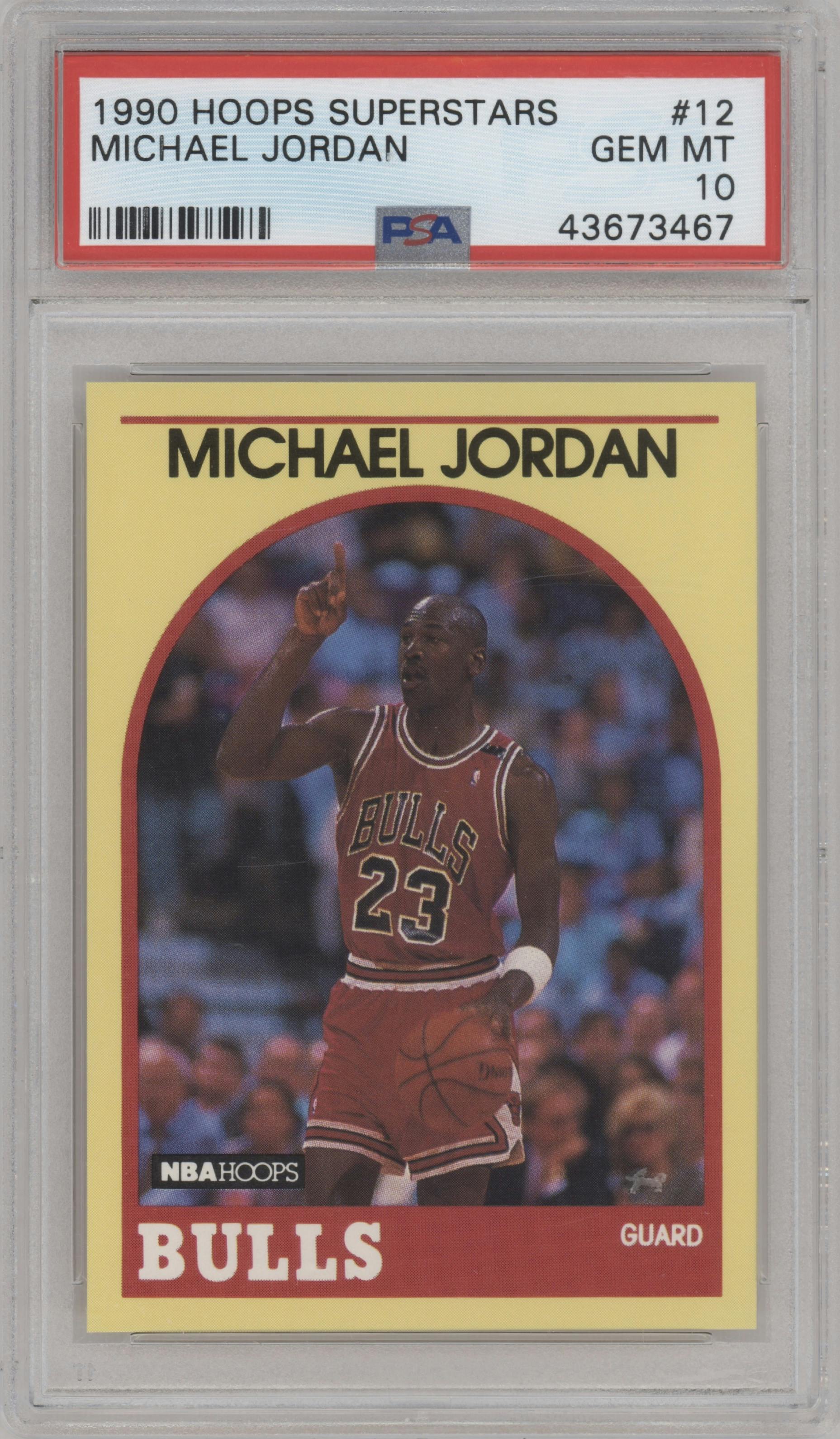 Michael Jordan from the 1989-90 Hoops Superstars set graded by PSA and given an overall grade of 10.