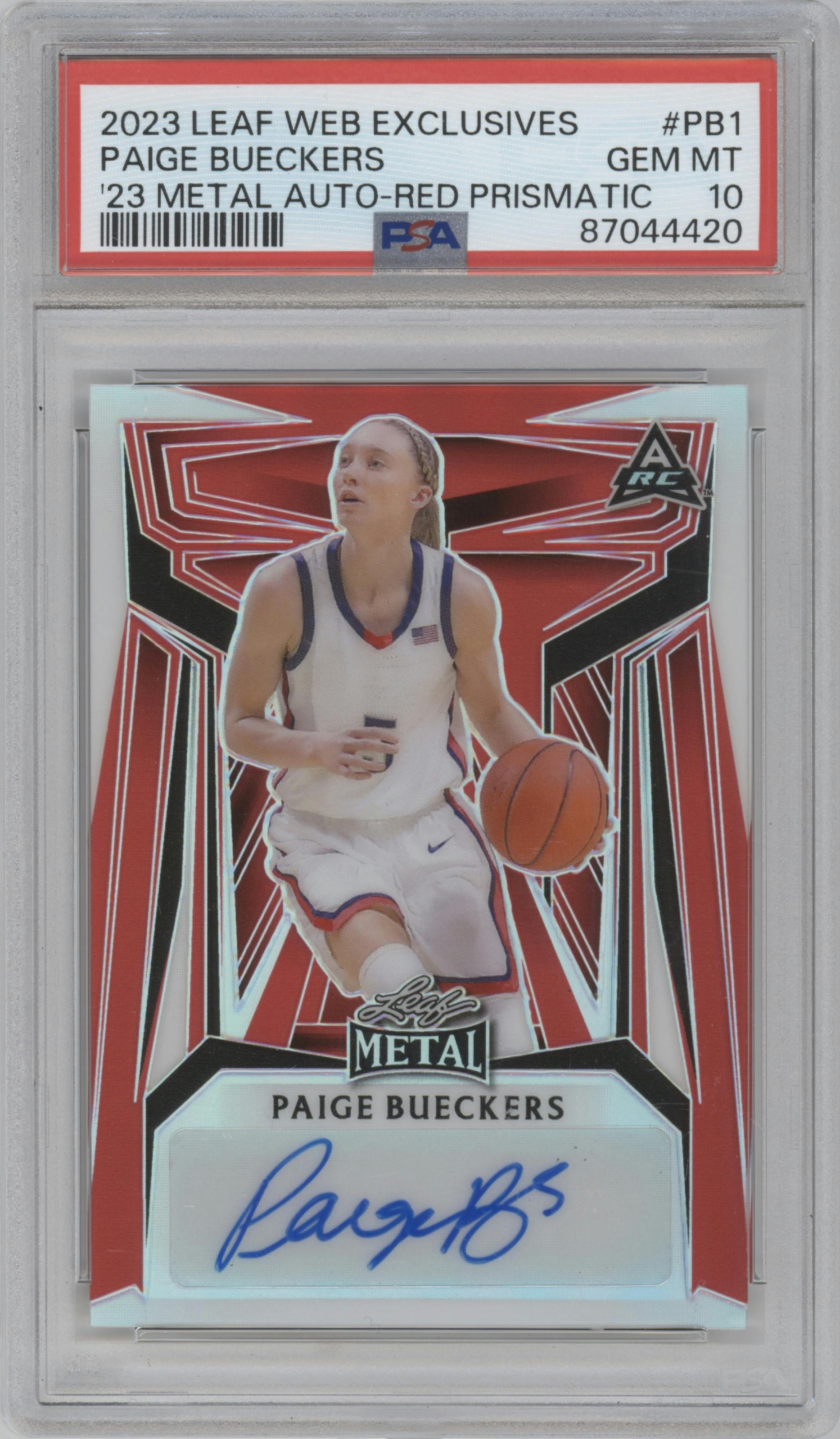 Paige Bueckers from the 2023 Leaf Web Exclusives set featuring a Red Prismatic parallel graded by PSA and given an overall grade of 10.