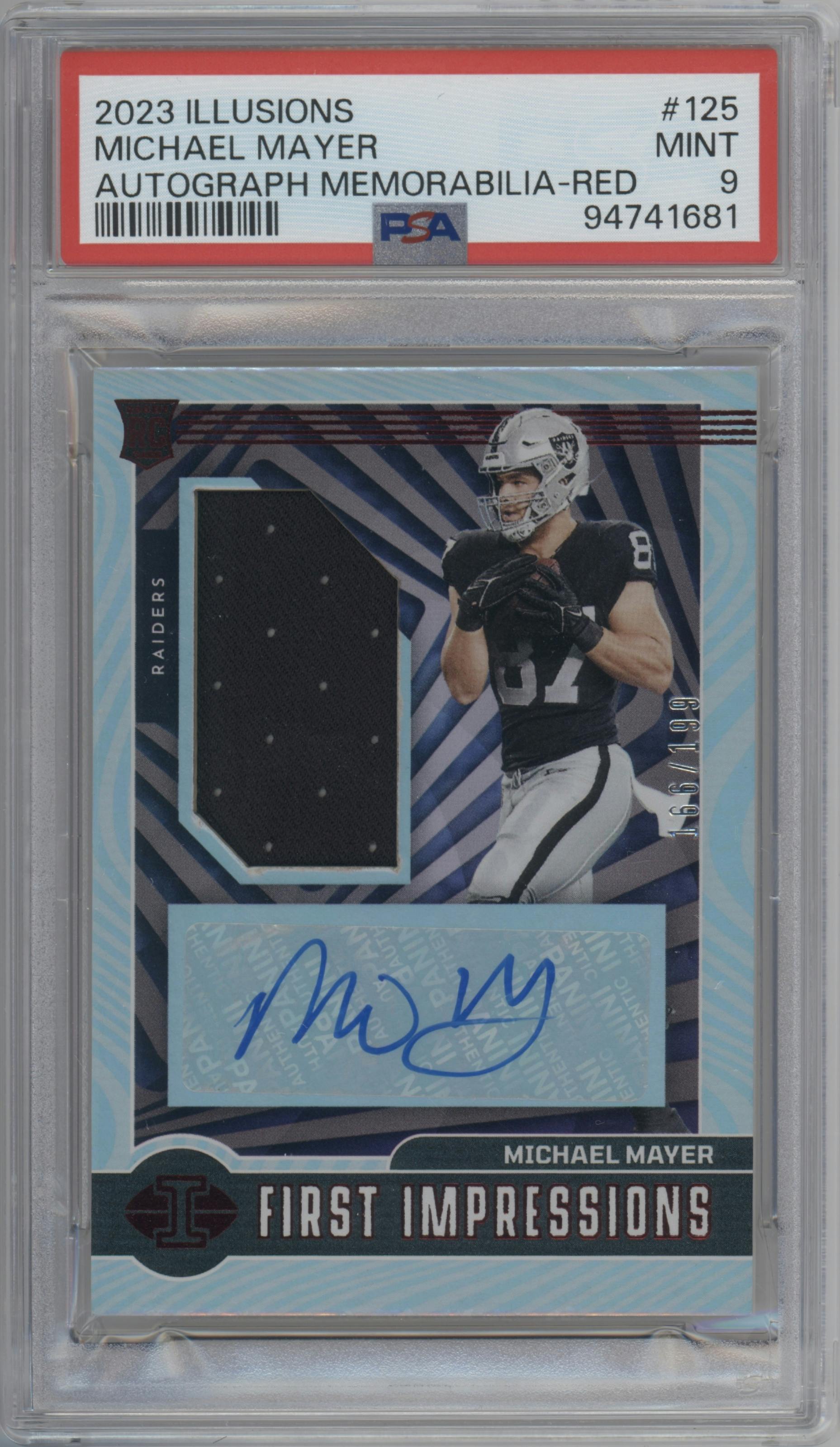 Michael Mayer from the 2023 Panini Illusions set featuring a Red parallel graded by PSA and given an overall grade of 9.