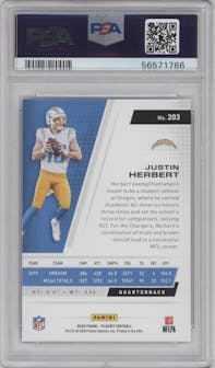 Justin Herbert from the 2020 Panini Playoff set graded by PSA and given an overall grade of 10.