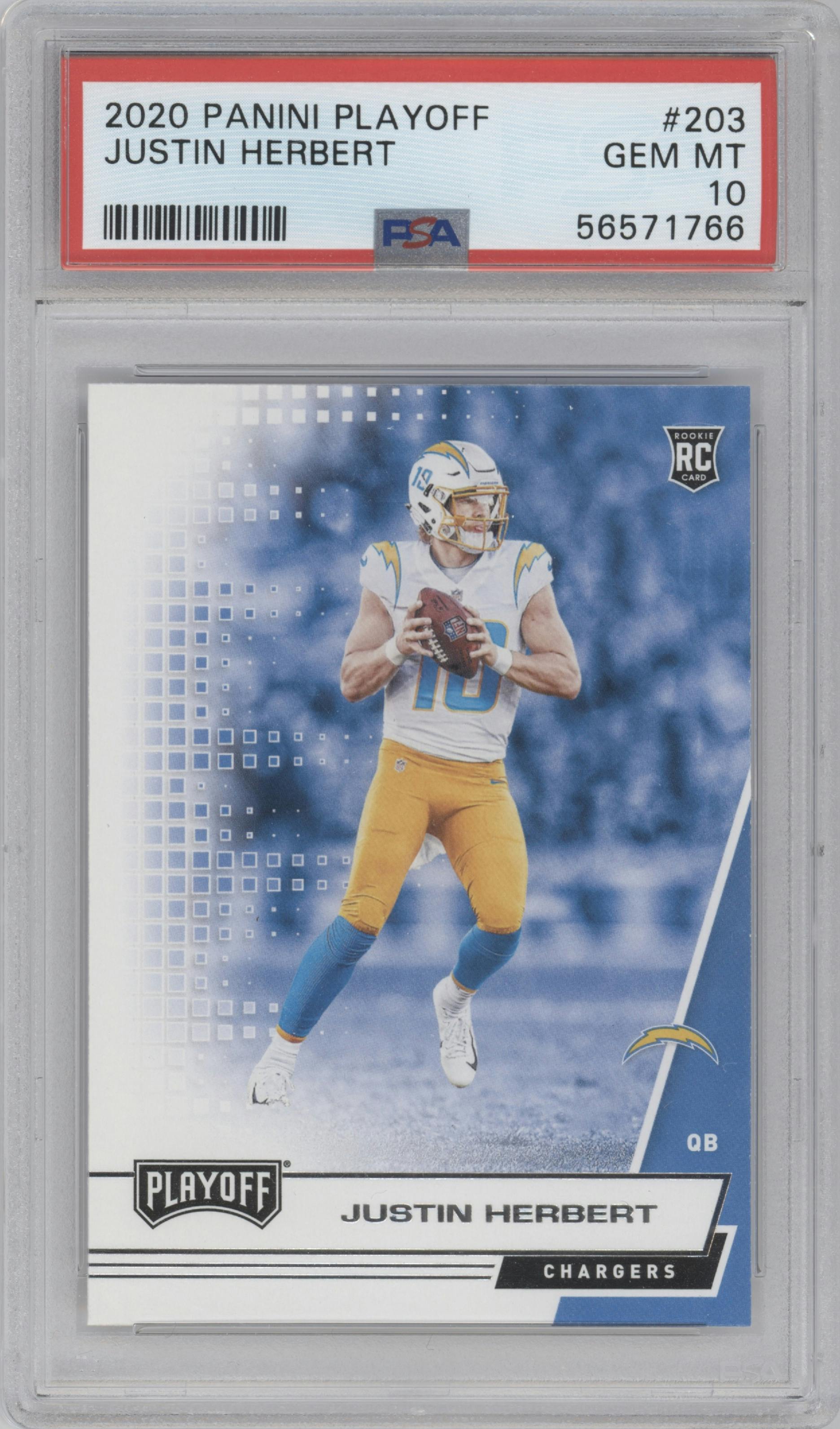 Justin Herbert from the 2020 Panini Playoff set graded by PSA and given an overall grade of 10.