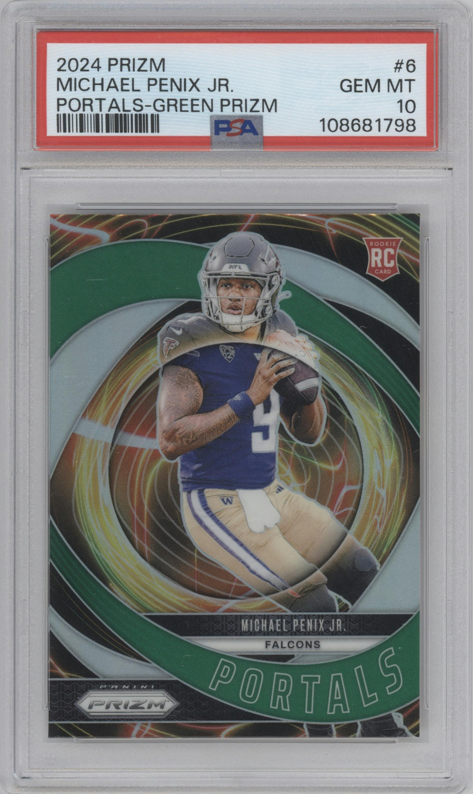 Michael Penix Jr. from the 2024 Panini Prizm set featuring a Green Prizm parallel graded by PSA and given an overall grade of 10.