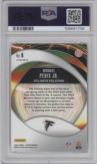 Michael Penix Jr. from the 2024 Panini Prizm set featuring a Green Prizm parallel graded by PSA and given an overall grade of 10.