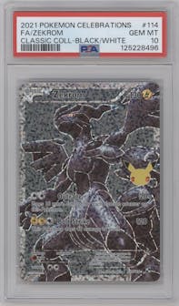Zekrom from the 2021 Pokemon SWSH set featuring a Black & White parallel graded by PSA and given an overall grade of 10.