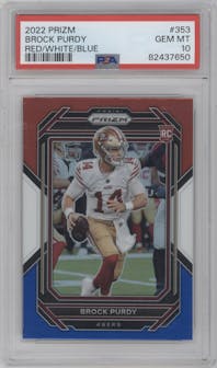 Brock Purdy from the 2022 Panini Prizm set featuring a Red/White/Blue Prizm parallel graded by PSA and given an overall grade of 10.