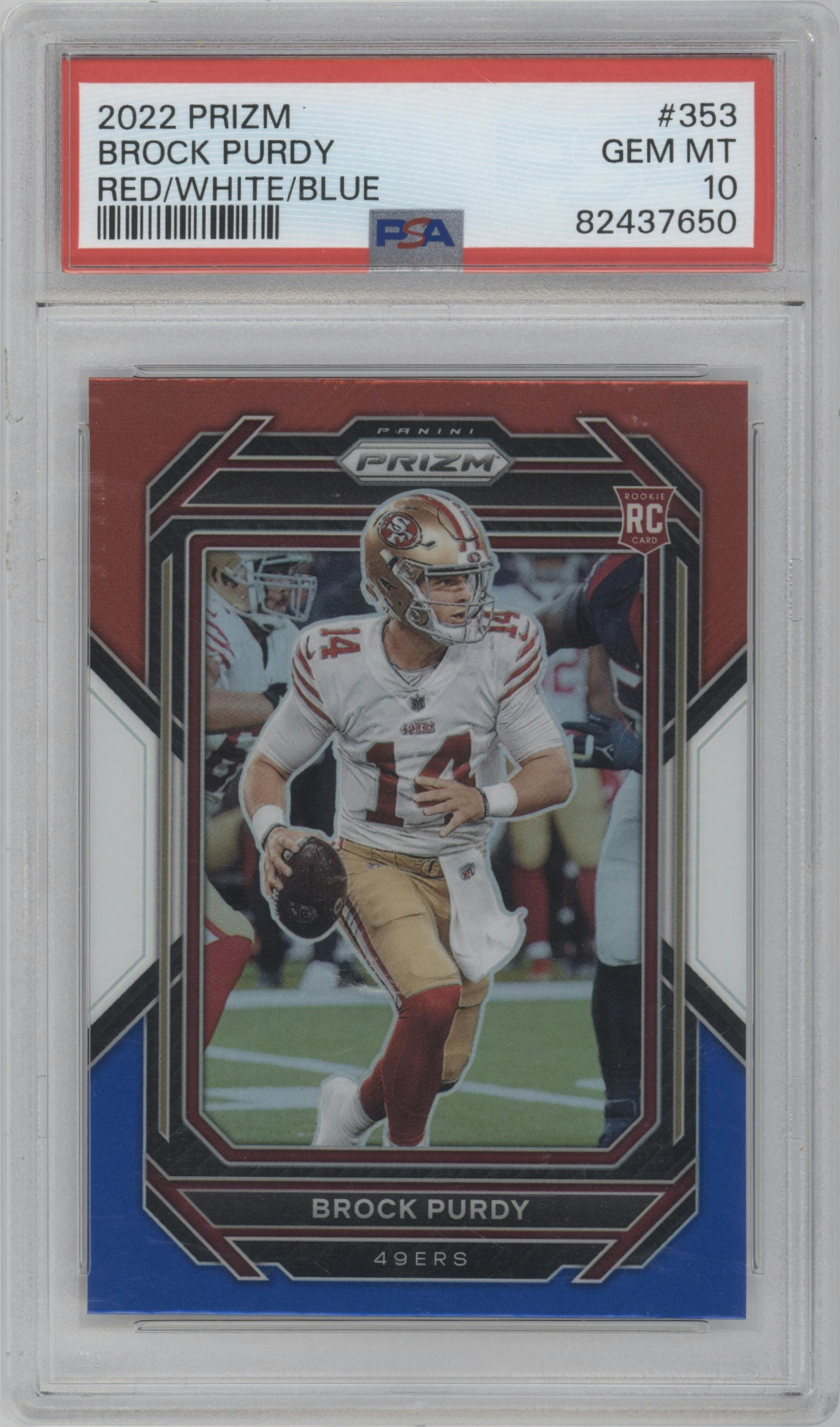 Brock Purdy from the 2022 Panini Prizm set featuring a Red/White/Blue Prizm parallel graded by PSA and given an overall grade of 10.