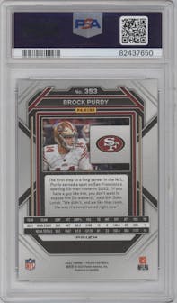 Brock Purdy from the 2022 Panini Prizm set featuring a Red/White/Blue Prizm parallel graded by PSA and given an overall grade of 10.