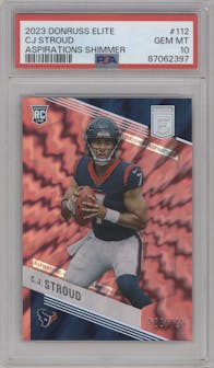 C.J. Stroud from the 2023 Donruss Elite set featuring a Aspirations Shimmer parallel graded by PSA and given an overall grade of 10.