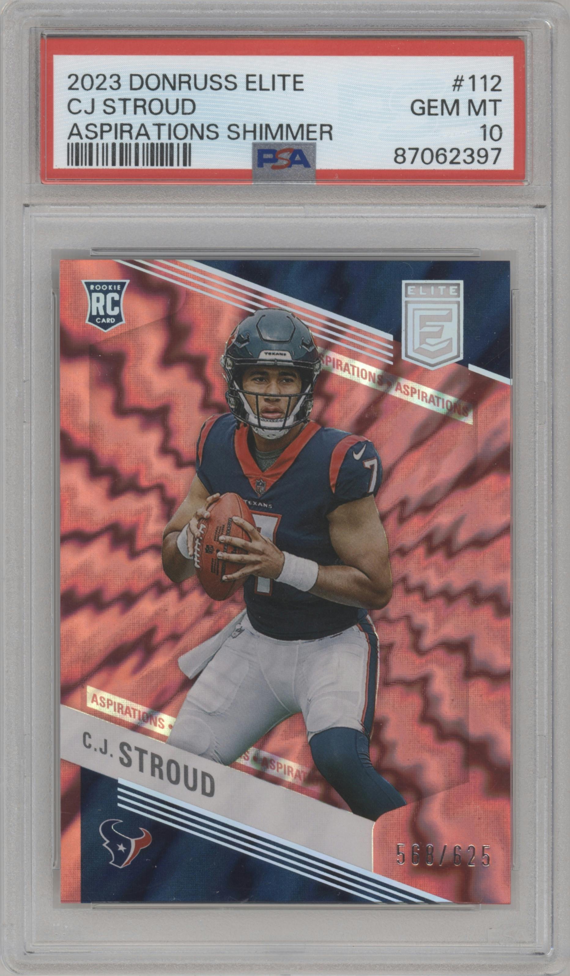 C.J. Stroud from the 2023 Donruss Elite set featuring a Aspirations Shimmer parallel graded by PSA and given an overall grade of 10.