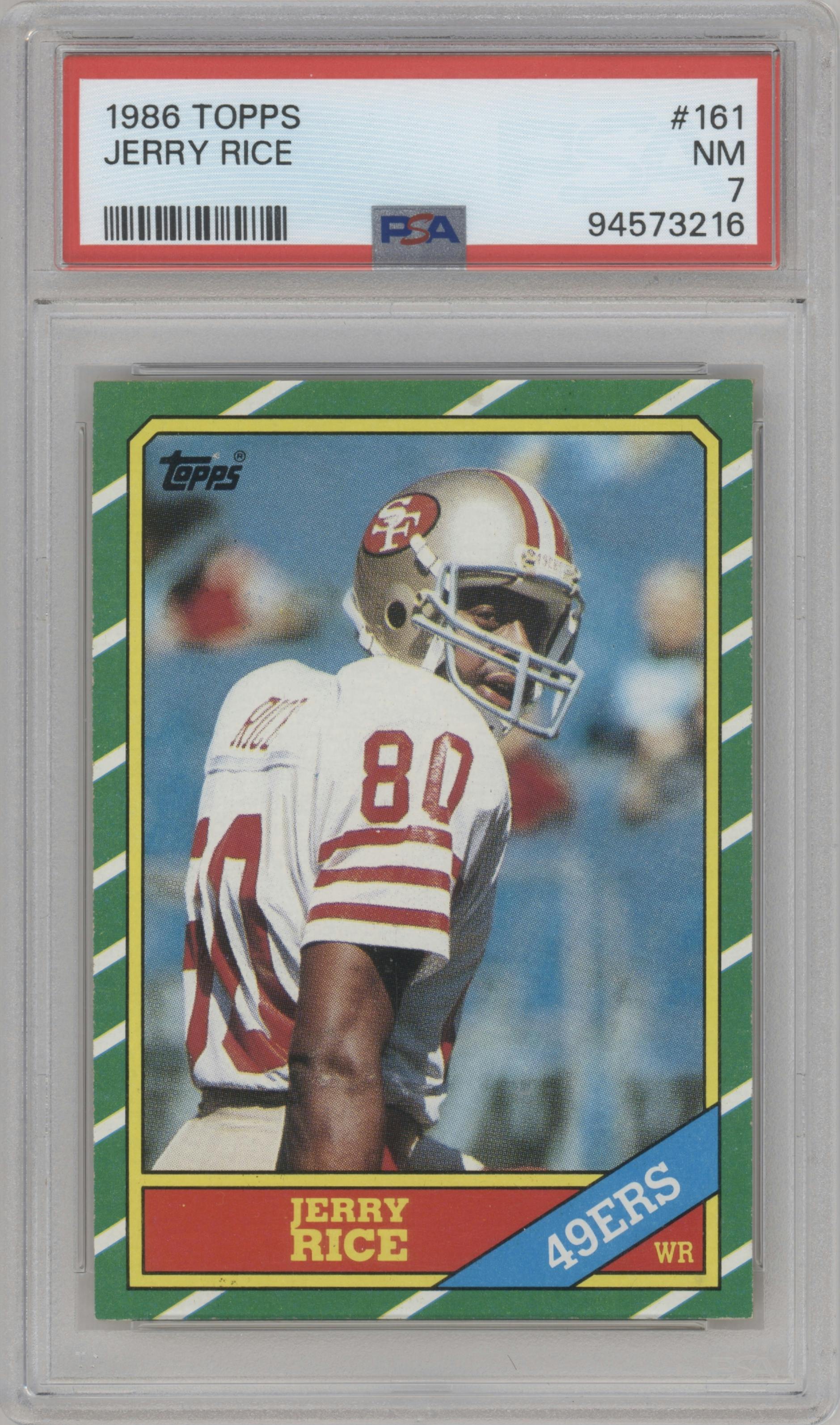 Jerry Rice from the 1986 Topps set graded by PSA and given an overall grade of 7.
