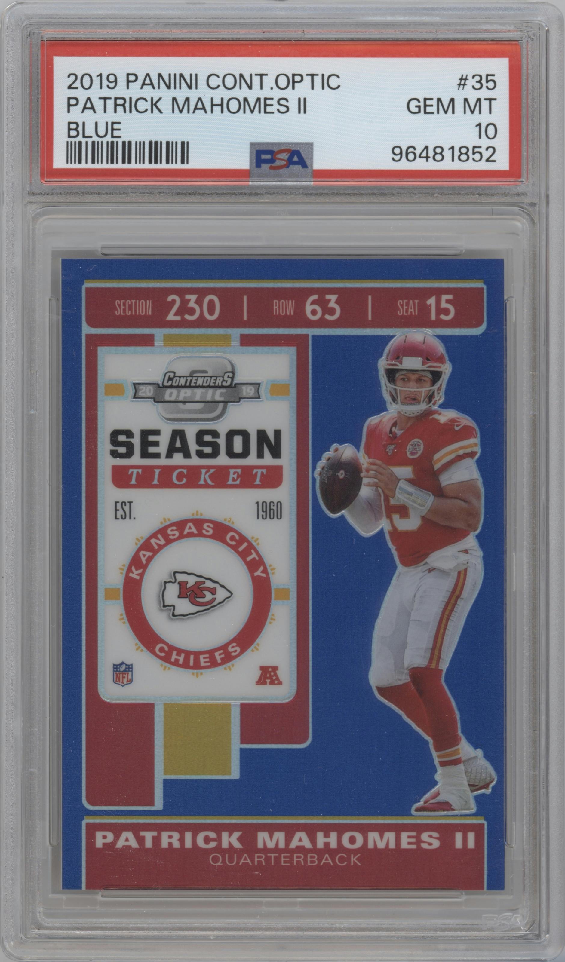Patrick Mahomes II from the 2019 Panini Contenders Optic set featuring a Blue parallel graded by PSA and given an overall grade of 10.