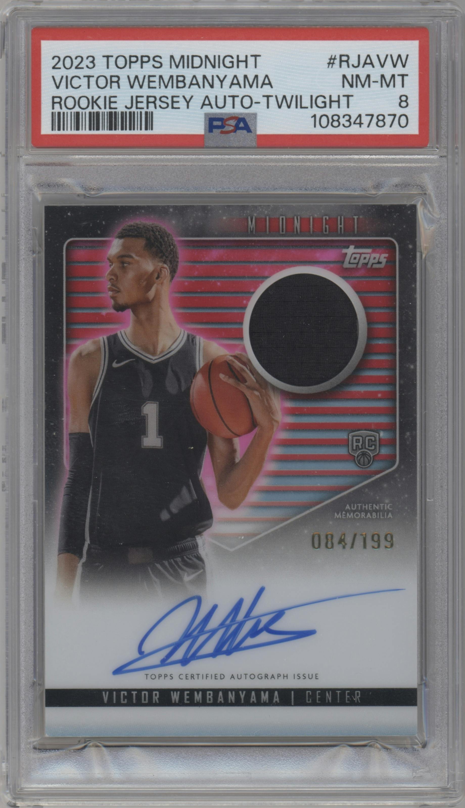 Victor Wembanyama from the 2023-24 Topps Midnight set featuring a Twilight parallel graded by PSA and given an overall grade of 8.