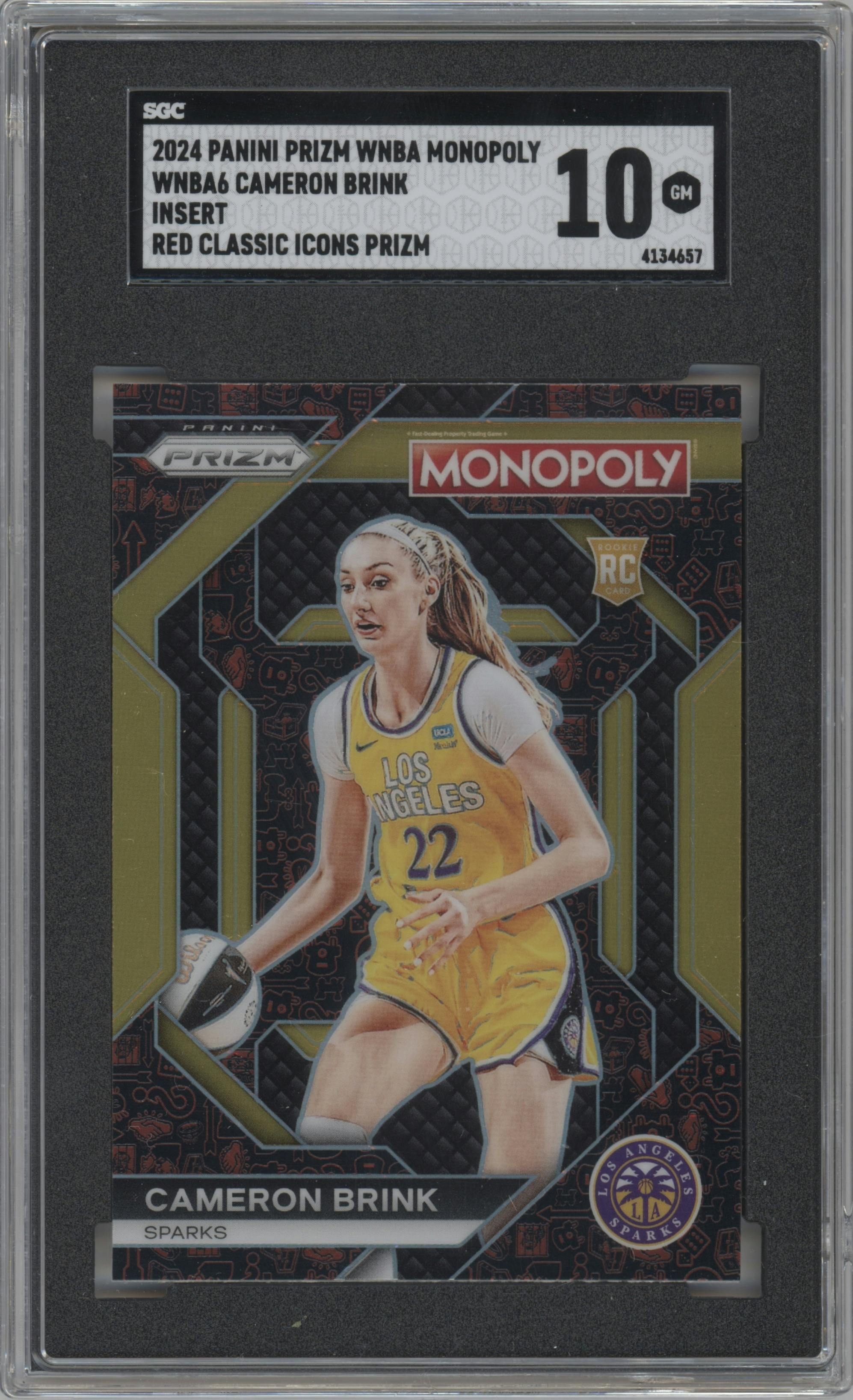 Cameron Brink from the 2024 Panini Prizm Monopoly WNBA set featuring a Red Classic Icon parallel graded by SGC and given an overall grade of 10.