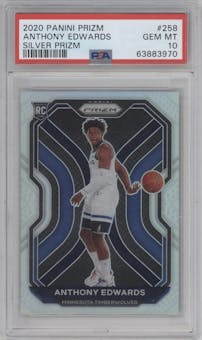 Anthony Edwards from the 2020-21 Panini Prizm set featuring a Silver Prizm parallel graded by PSA and given an overall grade of 10.