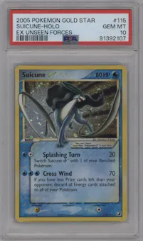 Suicune Gold Star from the 2005 Pokemon EX set graded by PSA and given an overall grade of 10.