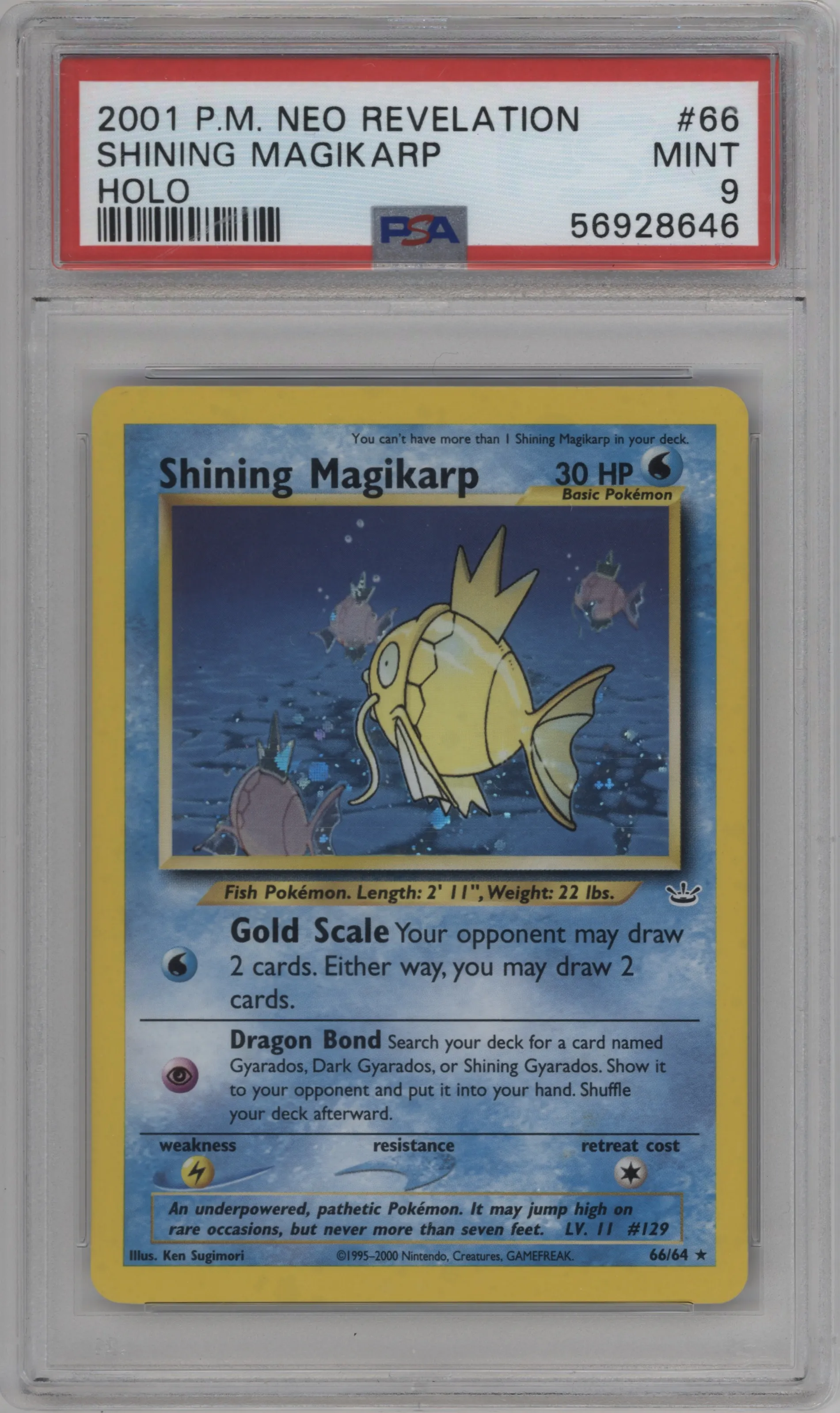 Shining Magikarp from the 2001 Pokemon Neo Genesis set graded by PSA and given an overall grade of 9.