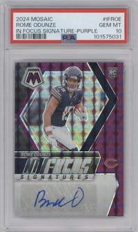 Rome Odunze from the 2024 Panini Mosaic set featuring a Purple parallel graded by PSA and given an overall grade of 10.