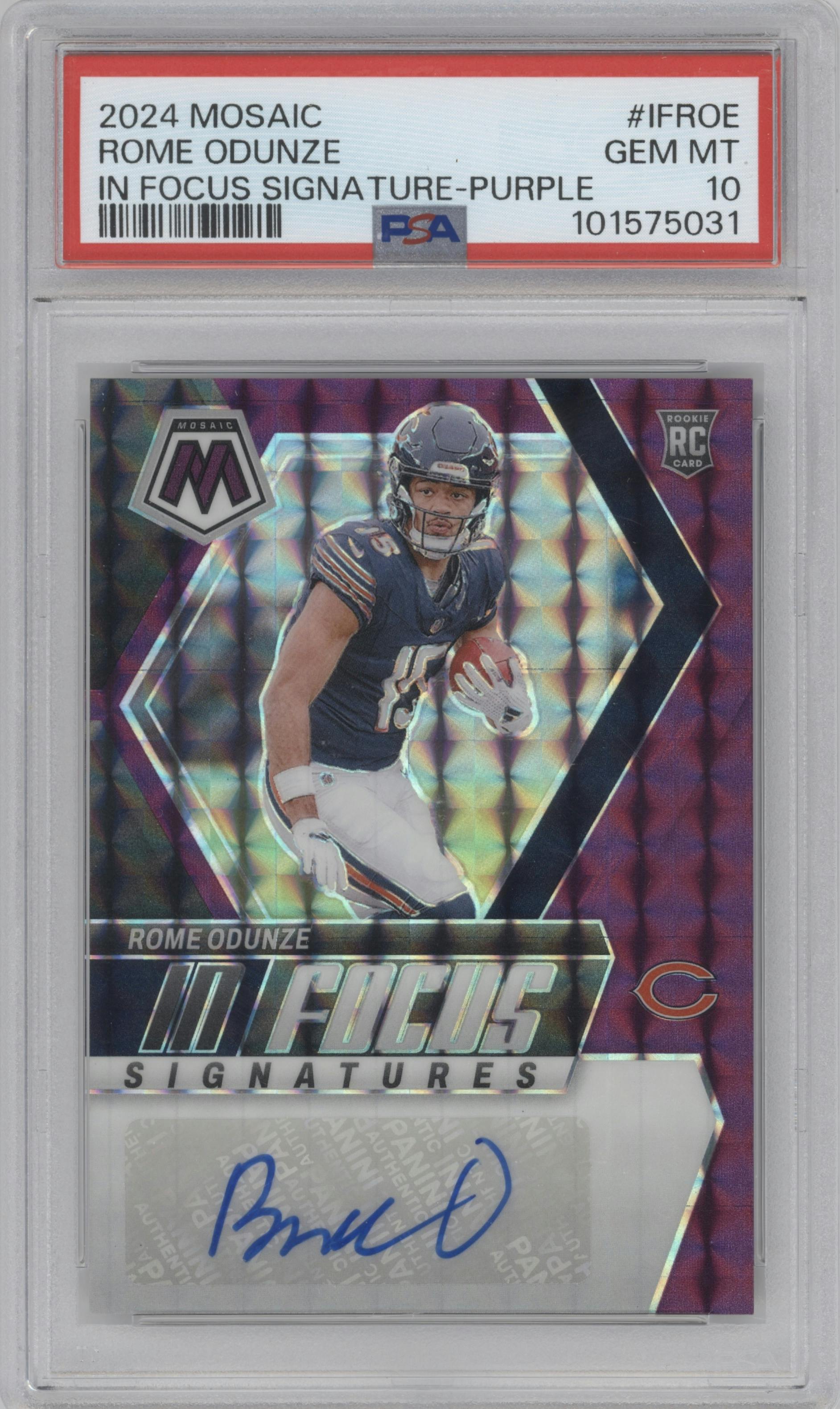 Rome Odunze from the 2024 Panini Mosaic set featuring a Purple parallel graded by PSA and given an overall grade of 10.