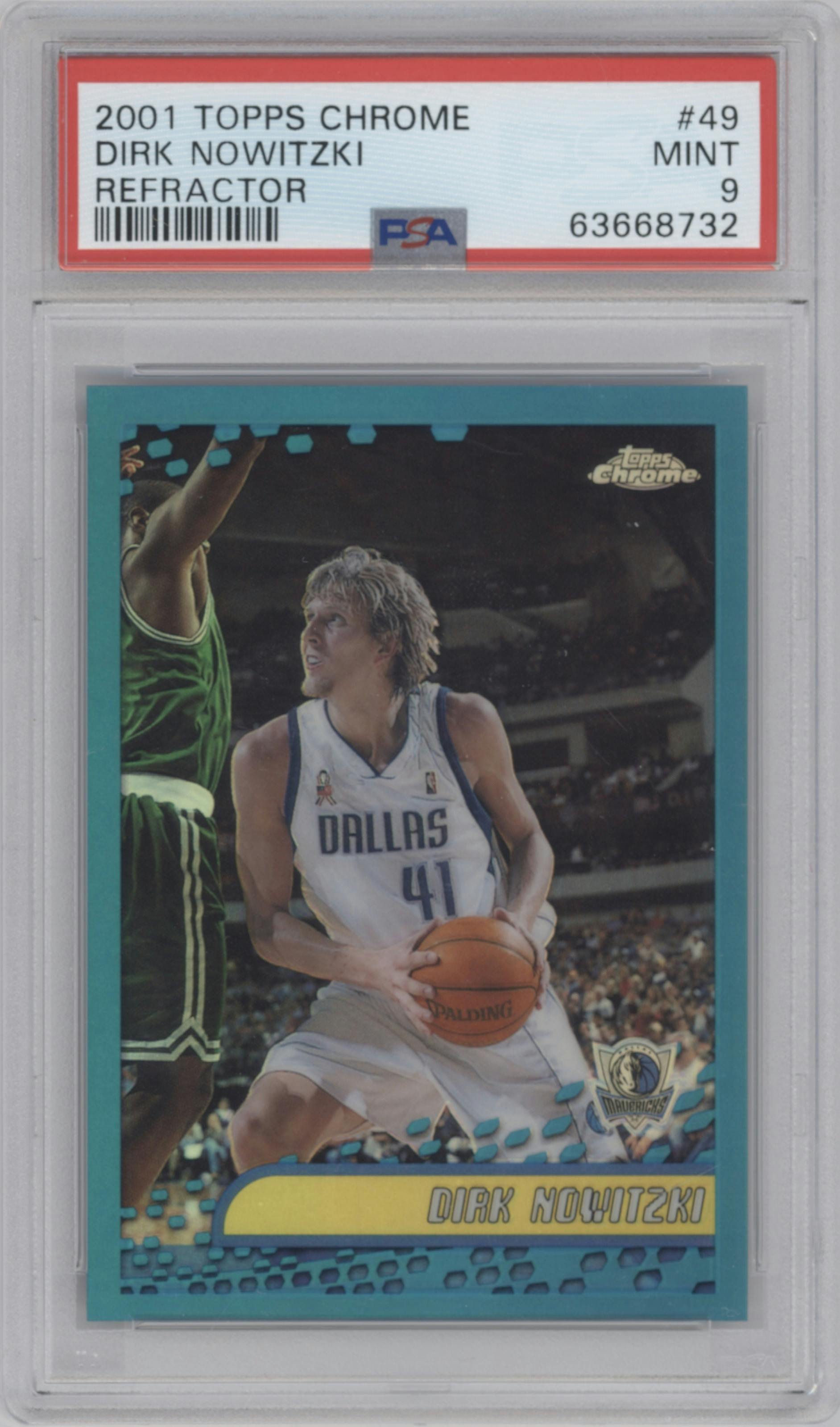 Dirk Nowitzki  from the 2001-02 Topps Chrome set featuring a Refractor parallel graded by PSA and given an overall grade of 9.