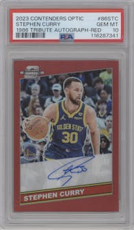 Stephen Curry from the 2023-24 Panini Contenders Optic set featuring a Red parallel graded by PSA and given an overall grade of 10.
