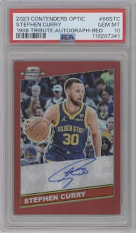 Stephen Curry from the 2023-24 Panini Contenders Optic set featuring a Red parallel graded by PSA and given an overall grade of 10.