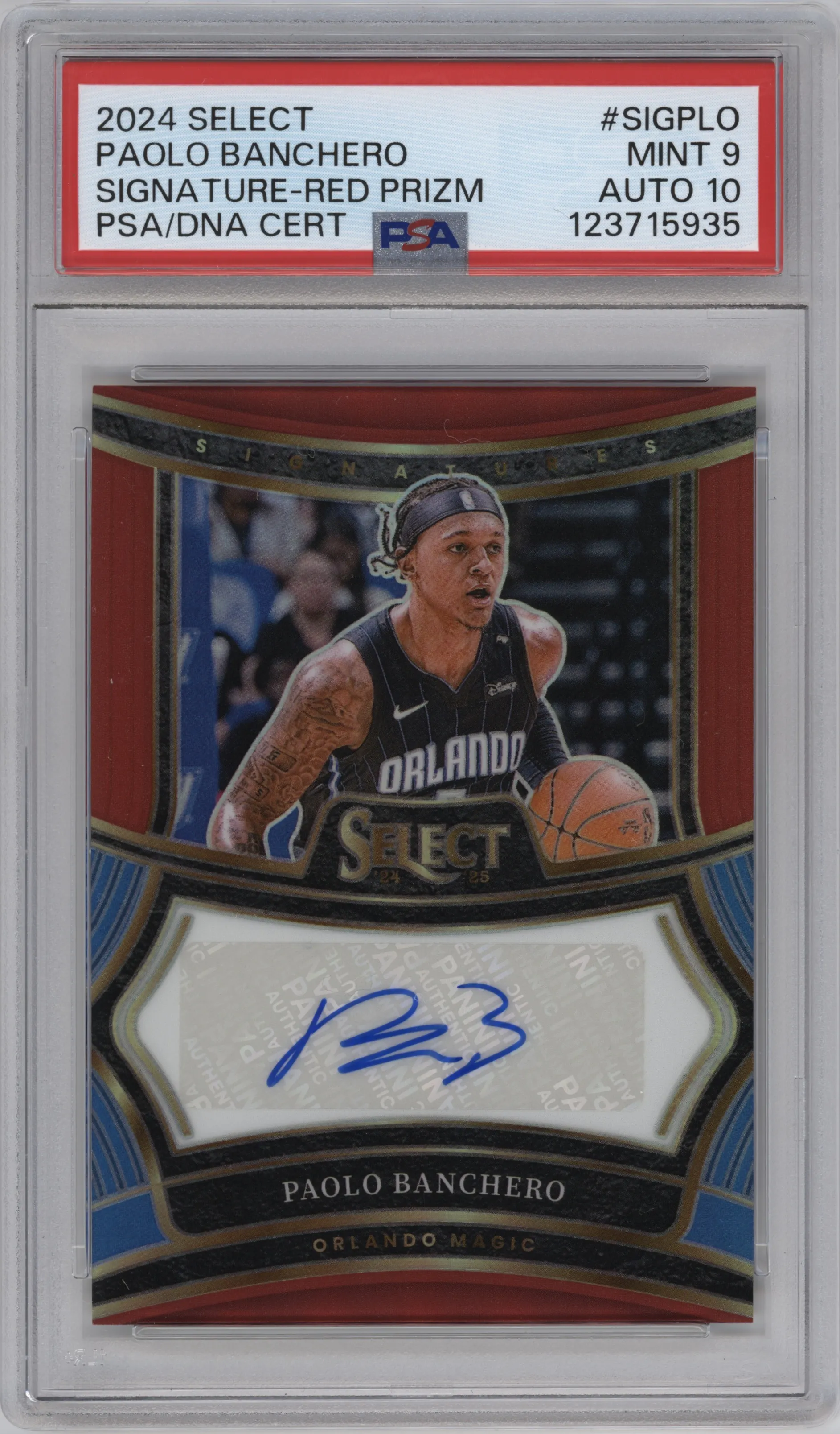 2024 Panini Select Signatures Paolo Banchero Red Prizm #SIG-PLO PSA 9