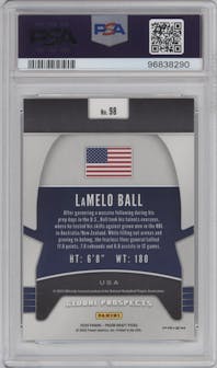 LaMelo Ball from the 2020-21 Panini Prizm Draft Picks set featuring a Silver Prizm parallel graded by PSA and given an overall grade of 10.