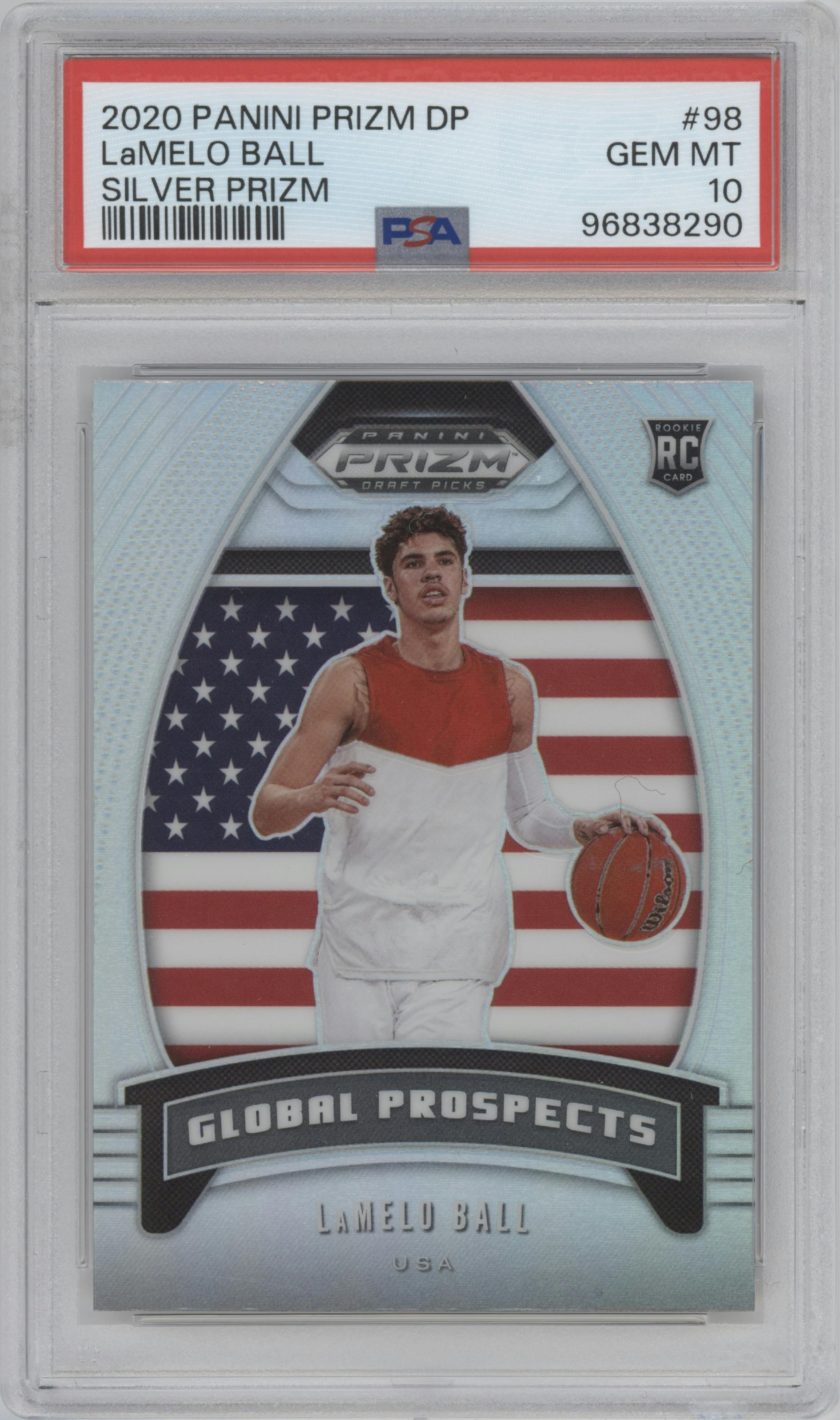 LaMelo Ball from the 2020-21 Panini Prizm Draft Picks set featuring a Silver Prizm parallel graded by PSA and given an overall grade of 10.