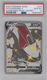Charizard V from the 2020 Pokemon SWSH set graded by PSA and given an overall grade of 10.