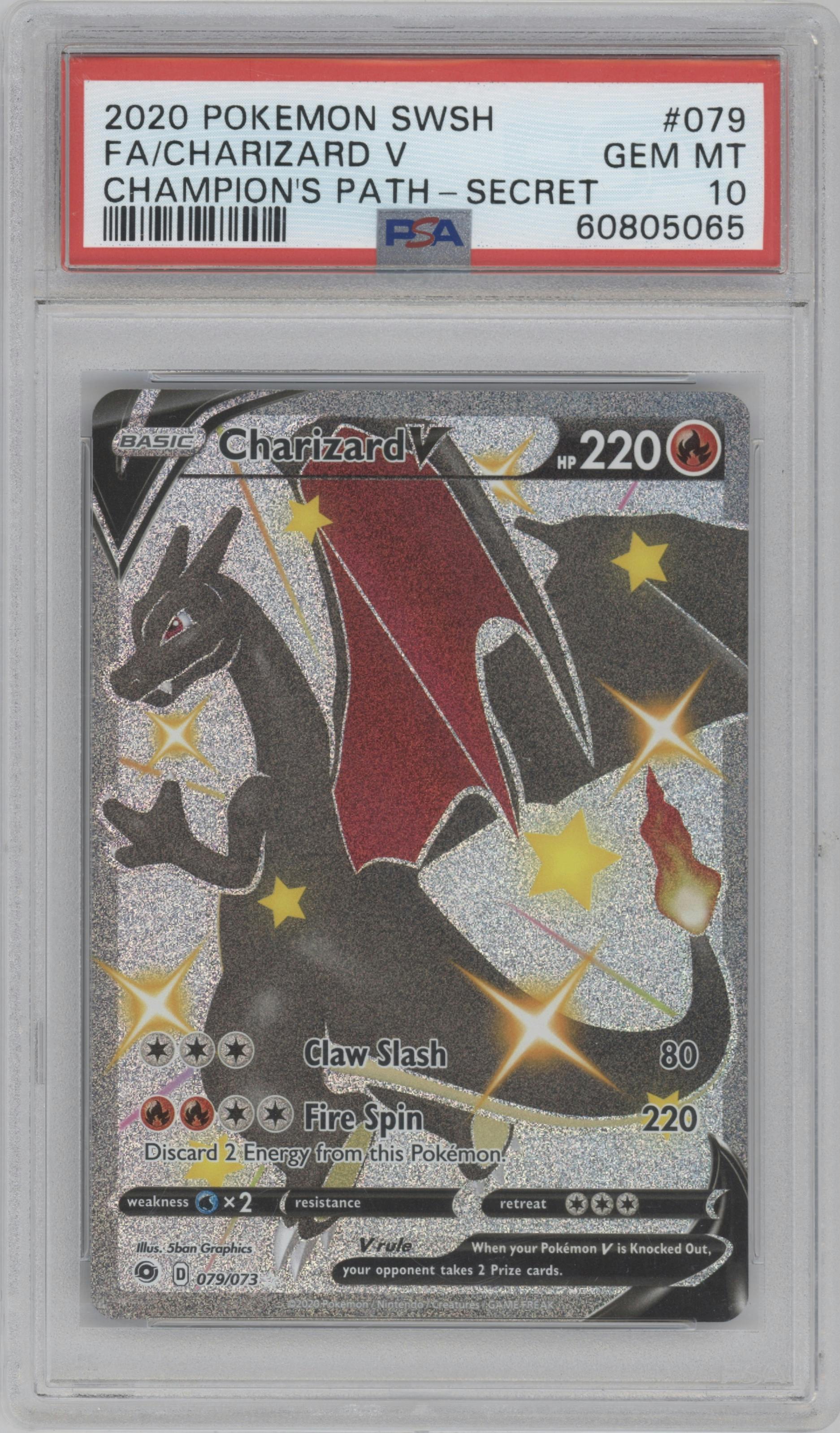 Charizard V from the 2020 Pokemon SWSH set graded by PSA and given an overall grade of 10.